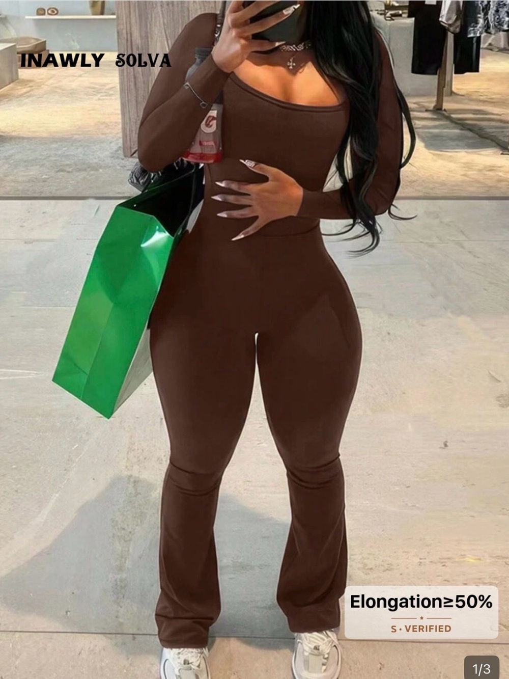 SHEIN Chocolate Brown Long-Sleeve Square Neck Jumpsuit